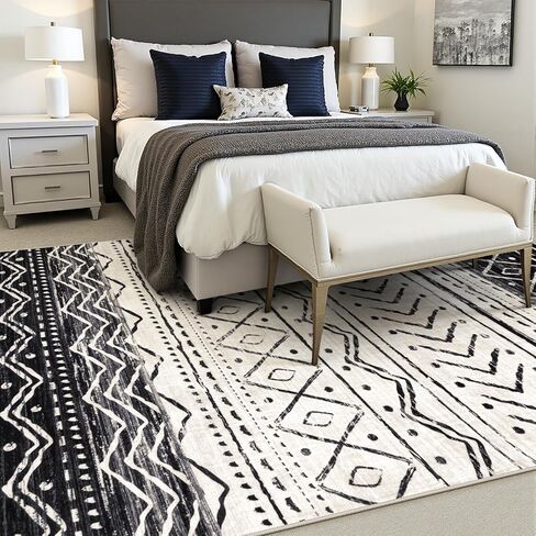 6x9 Rug for Living Room - Black Washable Area Rugs Non-Slip Soft Area Rugs for Bedroom Ultra-Thin Stain Resistant Rugs for Dining Room, Moroccan Print Indoor Rug for Office (Black, 6'x9') in Saudi Arabia