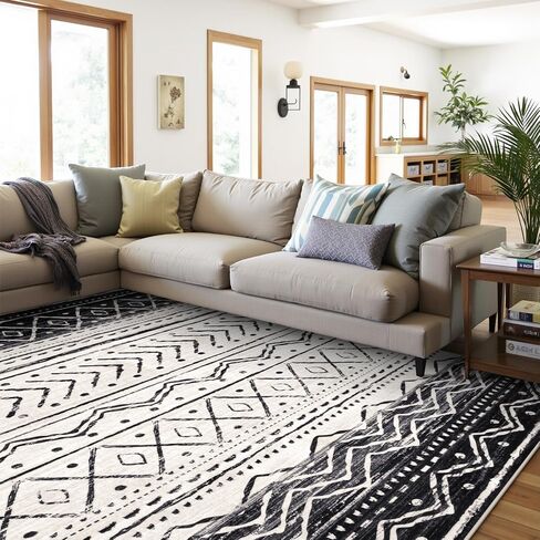 6x9 Rug for Living Room - Black Washable Area Rugs Non-Slip Soft Area Rugs for Bedroom Ultra-Thin Stain Resistant Rugs for Dining Room, Moroccan Print Indoor Rug for Office (Black, 6'x9') in Saudi Arabia