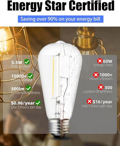 لمبات Lumiverse Edison الكهربائية 60 وات، 4000K أبيض بارد، غير خافت، مصابيح إضاءة عتيقة، E26 قاعدة متوسطة ST19 مصابيح LED عتيقة، زجاج شفاف، عبوة من 6 قطع in Kuwait