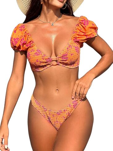 MakeMeChic Women's 2 Piece Bikini Set Floral Print Ring Linked Cap Sleeve Smocked High Cut Swimsuit Bathing Suit in Saudi Arabia