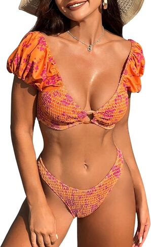 MakeMeChic Women's 2 Piece Bikini Set Floral Print Ring Linked Cap Sleeve Smocked High Cut Swimsuit Bathing Suit in Saudi Arabia