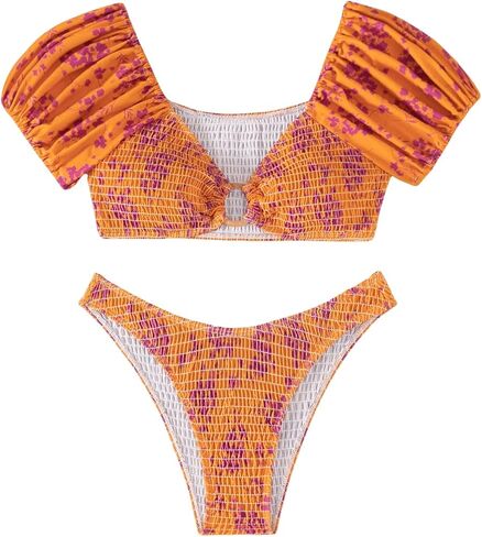 MakeMeChic Women's 2 Piece Bikini Set Floral Print Ring Linked Cap Sleeve Smocked High Cut Swimsuit Bathing Suit in Saudi Arabia
