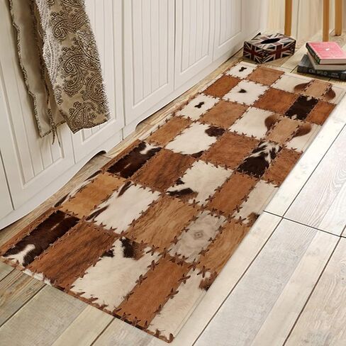 Cowhide Rug for Living Room Brown Runner Rug for Hallway 2x6 Farmhouse Western Throw Rug,Patchwork Cow Fur Print Area Rug Non-Slip Floor Carpet for Bedroom Living Room Entrance Door Mat Washable Rug in Saudi Arabia