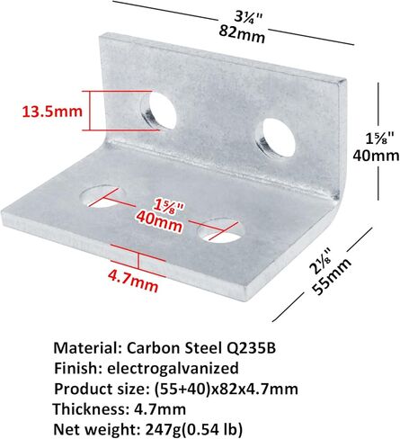 4 قطع دعامة زاوية مجمعة مكونة من 4 فتحات لقناة تبختر 1-5/8 بوصة، موصل على شكل حرف L 90 درجة، يقبل مسمار 1/2 بوصة، فولاذ مجلفن كهربائيًا، سمك 4.7 مم in Kuwait