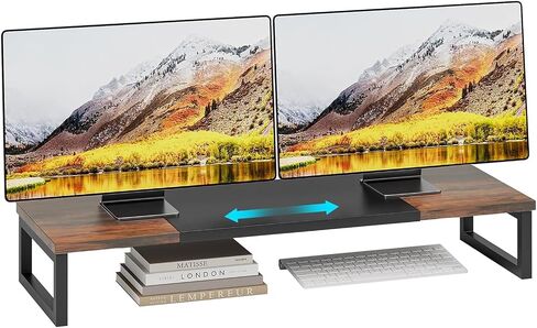 Expandable Dual Monitor Stand for Desk, Wood Monitor Riser Adjustable Length 19'' to 28'', Versatile Desktop Shelf for Gaming Computer Screens, Laptop, TV, Printer in Saudi Arabia