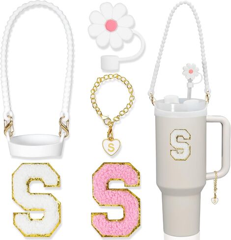 JUNYANG Water Bottle Handle Accessory, with Water Bottle Lanyard, Stanley Straw Cover, Chenille Letter Sticker & Letter Charms, Stanley Water Cup Accessories, Suitable for Water Bottles Up to 40oz in Saudi Arabia