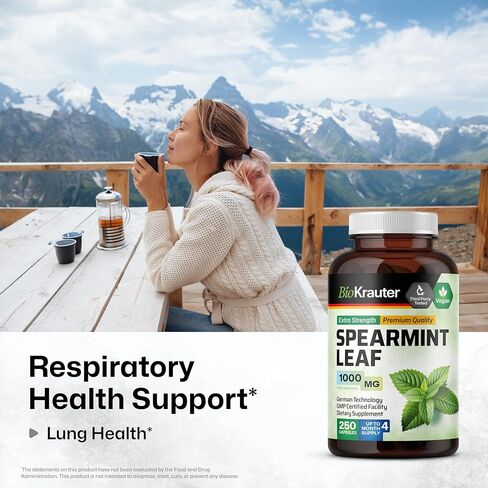 كبسولات النعناع 1000 مجم - 250 كبسولة شاي النعناع - مكمل نباتي للنعناع لصحة الجهاز الهضمي والجهاز التنفسي - مينثا سبيكاتا - بدون أغطية مستخلص النعناع in Kuwait