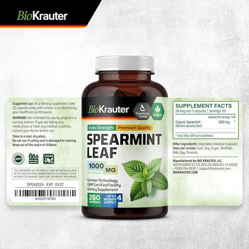 كبسولات النعناع 1000 مجم - 250 كبسولة شاي النعناع - مكمل نباتي للنعناع لصحة الجهاز الهضمي والجهاز التنفسي - مينثا سبيكاتا - بدون أغطية مستخلص النعناع in Kuwait