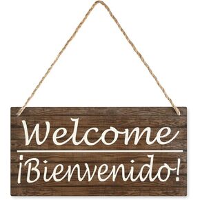 Wood Decor Sign Welcome Bienvenidos Wood Spanish Sign Retro Wooden Public Decorative Hanging Sign For Home Door Fence Vintage Wall Plaques Decoration 12X6In