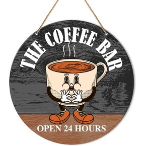 Coffee Bar Sign Decor, Coffee Hanging Sign Decor Coffee Station Farmhouse Wall Decorations for Kitchen, Cafe, Coffee Corner, Housewarming Gift for Woman Man Coffee Lover, Open 24 Hours