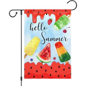 ChloropLastid Hello Summer Garden Flag 12 x 18 Inch Watermelon Strawberry Popsicles Ice Cream Double Sided Decorative Outdoor Yard Flag Small Seasonal Outside House Decoration