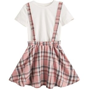 OYOANGLE Girl's 2 Piece Outfits Clothing Sets Short Sleeve T-Shirt & Overall Skirt Set Blue and White 8Y