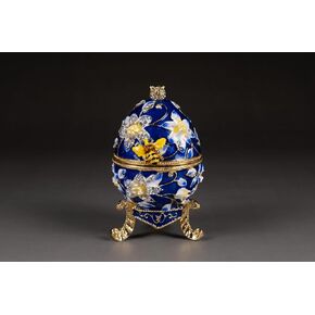 Egg With Bee And Floral Pattern, Blue Austrian Crystals Jewelry Box - 3.75" Tall