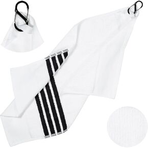Tour Towel Terry Cloth Golf Towel (15.5" x 23") with Premium Carabiner Golf Bag Clip | Super Absorbent, Golf Ball Cleaning Towel for Golf Clubs, White with Black Stripes