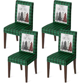 Horaldaily 4PCS Christmas Dining Chair Covers, Buffalo Plaid Trees Green Stretch Removable Washable Slipcover Chair Protector for Dining Room Home Decor