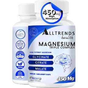 Triple Magnesium Complex | High Potency Magnesium 450mg of Magnesium Glycinate, Malate & Citrate | High Absorption | Non-GMO, Gluten Free, Soy Free, Vegan | 90 Capsules.