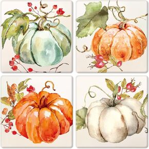 Whaline Fall Thanksgiving Coaster Watercolor Pumpkin Square Drink Coaster Autumn Absorbent Natural Ceramic Coaster Harvest Cup Mat for Mugs Cups Home Kitchen Office Party Supplies, 4Pcs