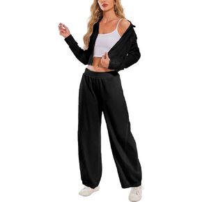 Women Sweat Set Sweatsuits and Sweatpant with Pocket 2 Piece Lapel 2 Way Zipper Cropped Workout Sweat Pant
