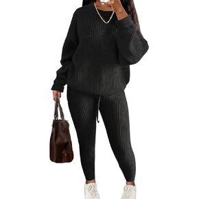 Flamingals Women's Solid Chunky Knit Drop Shoulder Sweater & Drawstring Pants Set Casual Set