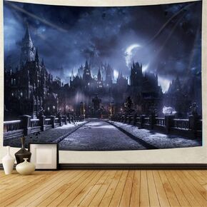 Simsant Castle Moon Night Tapestry, Wolf Fantasy Medieval Town Wall Hangings Tapestry for Men Bedroom Gothic Style Castle Tapestries for Living Room Office Dorm Man Cave Background 80"x60" RGTZZSI10