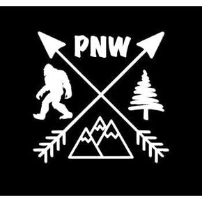 PNW Bigfoot Mountains and Trees Decal |White | Made in USA by Stick This! | Sticker for Car or Truck Windows, Laptop, Water Bottle, Tablets etc. | 5.5" x 3.5" |