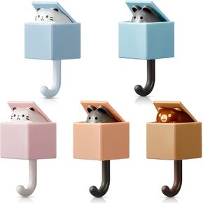 Weysat Creative Cat Key Hook (5Pcs), Cute Pet Adhesive Wall Hooks for Hat, Scarf, Towel, Bag, Waterproof ABS Material, Without Drilling, Kawaii Decorations for Home