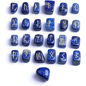 Rune Stones Set with Engraved Ancient Nordic Runes Alphabet for Meditation and Divination, Made with Lapis Lazuli, 25pcs
