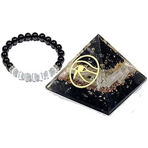 Black Tourmaline & Selenite Orgone Crystal Pyramid With Eye of Horus Stone Bracelet Symbol For Good Luck & Protection Positive Energy Generator Reiki Spiritual Healing Yoga Meditation