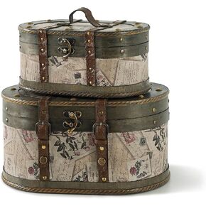 SLPR Alyssa Vintage Train Case - Set of 2, Antique Wooden Storage Boxes with Hinged Lids, Old Fashioned Decorative Wood Trunk, Memory Chest for Keepsakes and Home Décor