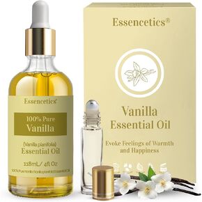 Vanilla Essential Oil Blend - 4oz Glass Bottle with Dropper & Roll-On - 100% Pure & Organic - Infused with Natural Olive & Sunflower Oils - Perfect for Skin, Diffuser, Candle & Soap Making