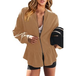 Orchidays Women's Zip Up Peplum Sweatshirts Jackets Long Sleeve Casual Loose Outwear Ruffle Hem Cardigan