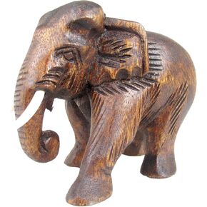 Hand Carved Wooden Elephant Statue - Wood Elephant Carving from Thailand - Feng Shui Elephant Figure - Brown, 5.5 Inches