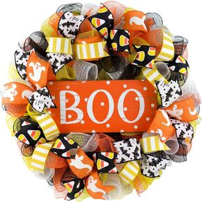 Candy Corn Halloween Door Wreaths | Orange Boo Mesh Wreath; Black White Yellow