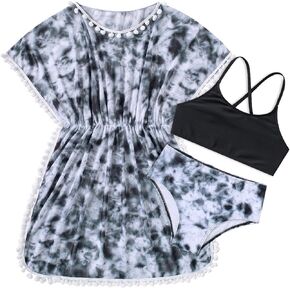 الفتيات التعادل صبغ لباس سباحة 9-10 الأسود المايوه بيكيني 3 قطعة مجموعات المراهقين Tankini ملابس الشاطئ ارتداء التستر بوم بوم تقليم حجم 9-10
