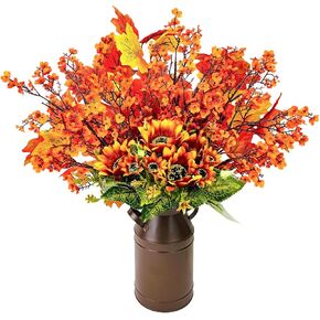 Artificial Fall Flowers, Fall Table Decor with Fall Sunflowers Maple Leaves Baby Breath Metal Pot Fall Decorations for Home Fall Centerpieces Floral Arrangements Wedding Decor