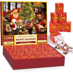 Jigsaw Puzzle Advent Calendar 2024 for Kids Adults, 24 Days Surprise Christmas Countdown Advent Calendar, Santa's Surprise, 1008 Pieces Stocking Stuffers Christmas Gifts Puzzle 19.7 x 27.6 inches