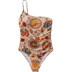 WDIRARA Women's Floral Print Ruched Swimwear One Shoulder Sleeveless Onepiece Swimsuit