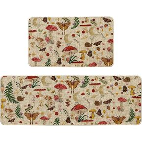Artoid Mode Black Mushrooms Butterfly Spring Kitchen Mats Set of 2, Home Decor Low-Profile Kitchen Rugs for Floor - 17x29 and 17x47 Inch