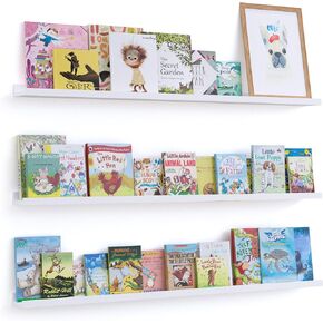 Wallniture Denver White Floating Shelves for Kids Room Decor, 46" Bookshelf for Toddler Toys, Picture Frame Set of 3