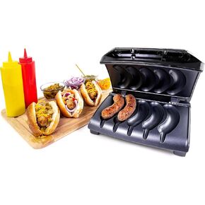 Nostalgia Game Day Sausage and Brat 5 Link Electric Grill with Oil Drip Tray, Carry Handle, and Cord Storage, Cooks Beef, Turkey, Chicken, Veggie Sausages, or Hot Dogs