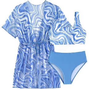 MakeMeChic Girl's 3 Piece Bathing Suits Cute Floral Bikini Swimsuit with Cover Up