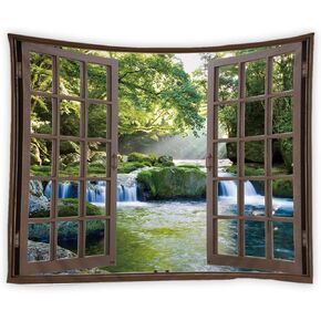Waterfall Tapestry 3D Forest Green Tree Stone Rainforest River Jungle Landscape Spring Nature Scene Through Wooden Windows Home Decor Wall Hanging Art for Living Room Bedroom Dorm(90x71 Inch)