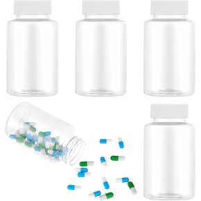 4Pcs Clear Pill Bottle, 150ml Plastic Medicine Bottle Empty Container with White Screw Cap Empty Reagent Bottle Clear Medicine Small Travel Pill Bottle for Dispense Different Items