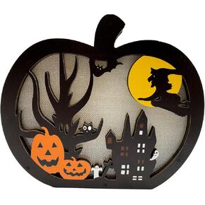 Halloween Lighted Wooden Table Decoration,Pumpkin Tabletop Centerpieces LED Spooky Sign Lamp Lantern Shadow Box for Trick or Treat Halloween Party Decor