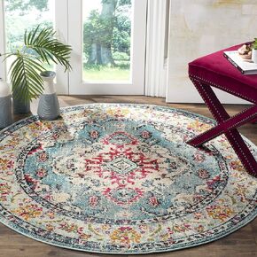 SAFAVIEH Monaco Collection 5' Round Light Blue/Fuchsia MNC243J Boho Chic Medallion Distressed Non-Shedding Dining Room Entryway Foyer Living Room Bedroom Area Rug