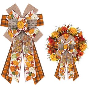 Hying Large Fall Bows for Wreath, Orange Plaid Pumpkin Harvest Wreath Bow for Front Door, Thanksgiving Wreath Bows for Fall Party Decor Indoor Wall Autumn Thanksgiving Decoration Supplies Ornament