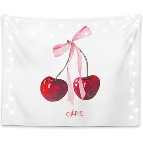 LiTiu Pink Bow Cherry Preppy Room Decor Tapestry Wall Hanging, Trendy Coquette Wall Decor for Girls Bedroom Dorm, 50x60 in(Unframed)