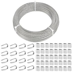 TooTaci 1/8 Stainless Steel Cable, 100FT Braided Steel Wire Rope 7x7 Strands, with Crimping Loops 1/8, Steel Thimbles, Outdoor Aircraft Cable 1/8 Inch for Deck Cable Railing, Balustrade Wire, Fence