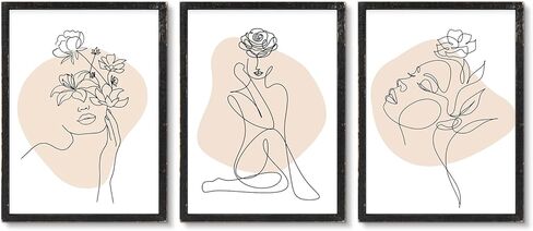 مجموعة من 3 لوحات فنية جدارية تجريدية للسيدات مؤطرة، ديكور جداري بخط أنثوي بسيط، فن جداري حديث جمالي بإطار خشبي لغرفة النوم وغرفة المعيشة (أسود) in Kuwait