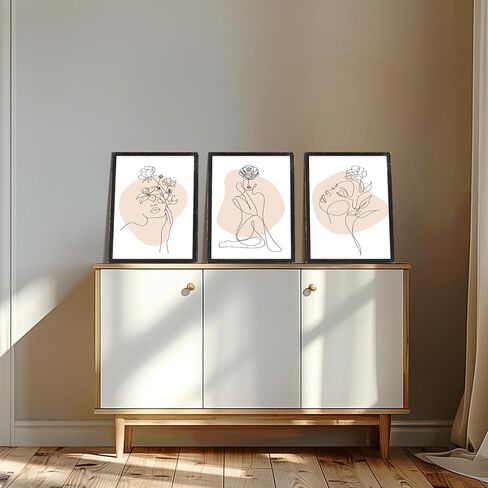 مجموعة من 3 لوحات فنية جدارية تجريدية للسيدات مؤطرة، ديكور جداري بخط أنثوي بسيط، فن جداري حديث جمالي بإطار خشبي لغرفة النوم وغرفة المعيشة (أسود) in Kuwait